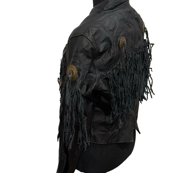 Vintage 70s Pioneer Wear Black Leather Fringe Western Jacket Size 12/ MEDIUM - Picture 3 of 16